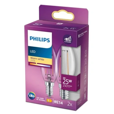 Imagen de Philips LED Classic Bombilla, 25 W, Vela Filamento E14, Transparente, Luz Blanca Cálida, No Regulable, Pack de 2 Unidades