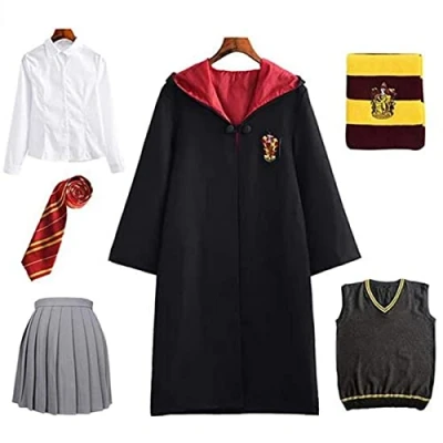 Imagen de Hermione Granger Gryffindor Uniforme Cosplay Disfraz Capa Película Artículo Juego de Varita Mágica Corbata Carnaval Halloween Negro