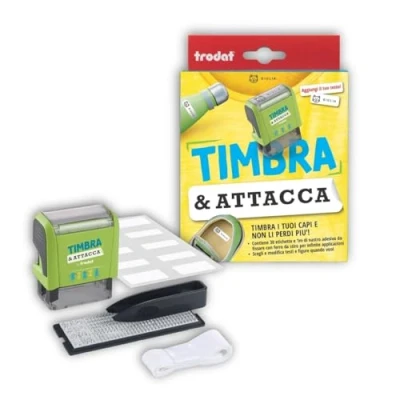 Imagen de Trodat Stamp &amp; Stick, juego seccional de tela, serie personajes y números, pinzas, etiquetas cinta termoadhesiva para ropa objetos