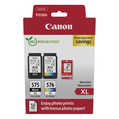 Imagen de Canon Tinta y Papel PG 575XL + CL 576XL Pack de 2 Cartuchos Originales (x 1 Negro, x Tricolor) fotográfico 10 15 cm (50 Hojas)