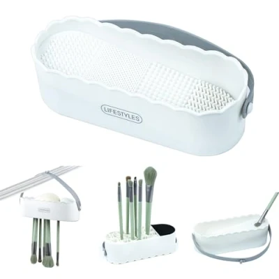Imagen de Limpiador Brochas de Maquillaje, 4 en 1 Estera Limpieza Cepillo, Pinceles Maquillaje para Limpieza, Secar y Guardar Esponja (Blanco)