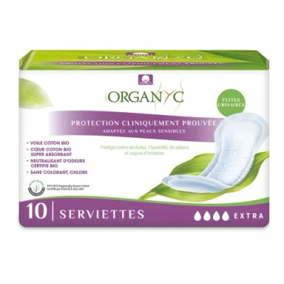 Imagen de Organyc Protegeslips Extra para Incontinencia Algodón 100% Certificado Sin perfumes ni plásticos materiales químicos 1 paquete de 10 toallas, Flux