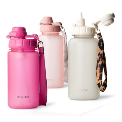 Imagen de MAMEIDO Botella 500 ml con pajita y marcador de tiempo, Botellas agua a prueba fugas, niños sin BPA, gimnasio fabricada en Tritan, Water Bottle (Glow Couture)