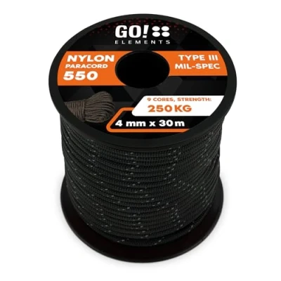 Imagen de GO!elements 30m Paracord de Nylon a Prueba desgarros 4mm 550 Typo III Cuerda Adecuado como Yute &amp; Gruesa MAX. 250kg, Color: Negro Reflectante