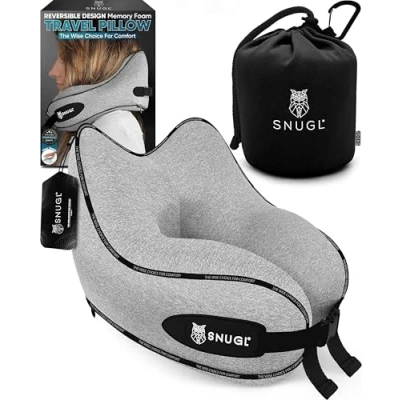 Imagen de SNUGL Almohada de Viaje para el Cuello, Espuma viscoelástica, avión, con Bolsa Transporte y Clip, Dormir en Producto básico vuelos, Color Gris