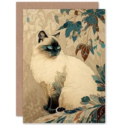 Imagen de Artery8 Blue Point Ragdoll Cat and Plant Pattern Art Nouveau Modern Illustration Birthday Sealed Greeting Card Plus Envelope Blank inside