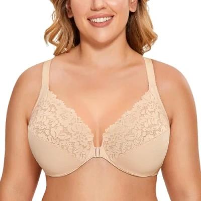 Imagen de DELIMIRA Sujetador de Encaje Cierre Frontal Talla Grande con Aros para Mujer Beige 95G