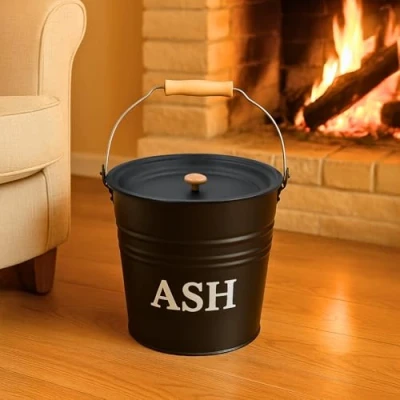 Imagen de Marco Paul Cubo formal de metal para cenizas con tapa, color gris oscuro, capacidad 12 litros, ideal chimeneas, quemadores leña e incendios carbón