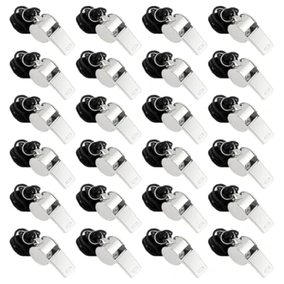 Imagen de alwaiiz Silbato de acero inoxidable con cordón, 24 unidades, apto para entrenadores, árbitros y entrenamiento animales, color plateado