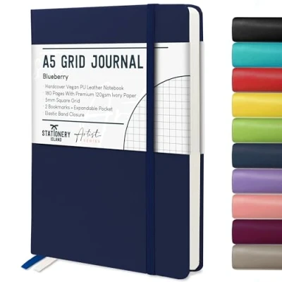 Imagen de Stationery Island Cuaderno Cuadriculado A5, Tapa Dura de Papel Libreta con Grueso Premium 120 g/m², Cuadrícula 180 Páginas Para Estudiar, Planificar Azul