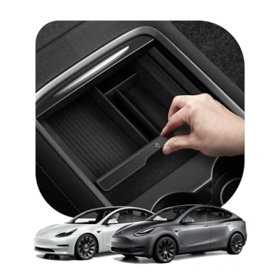 Imagen de Spigen Tesla Model 3 2021 2023 Y Bandeja organizadora de la consola central Accesorios interior con tecnología Smooth Slide, reposabrazos flocado para el del coche Carbon Edition