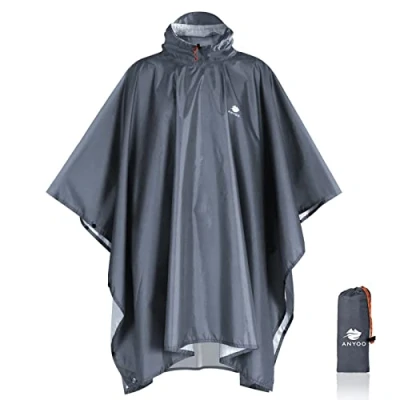 Imagen de Anyoo Poncho de Lluvia Reusable Ripstop transpirante Ligero a Prueba Agua Multiuso Impermeable con Capucha Ideal para el Aire Libre Campamento Excursionismo y Pesca, Gris, Talla única