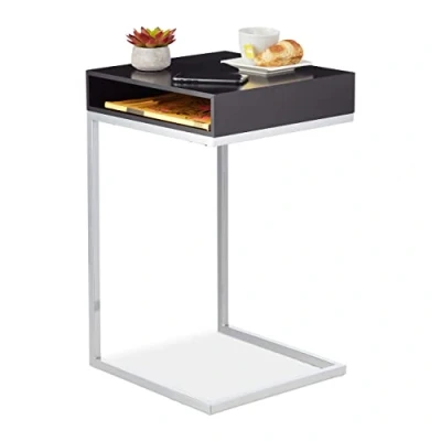 Imagen de Relaxdays Mesa Auxiliar en Forma de C, Mesilla Sofá, Mesita Cama Pata Acero, Tablero MDF, 63x37x38 cm, Negro/Plateado, Fibras