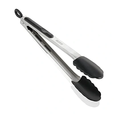 Imagen de Leifheit Pinzas de cocina y barbacoa acero inoxidable con revestimiento silicona resistente al calor, utensilio barbacoa, plateada negra. 31 cms