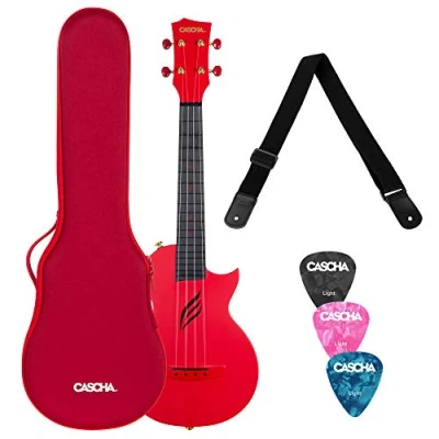 Imagen de CASCHA Ukelele de concierto fibra carbono I Starter Kit con 3 púas funda Moderno diseño corte para principiantes y avanzados Guitarra Hawaii pequeña roja, HH 2280
