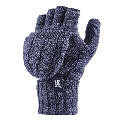Imagen de HEAT HOLDERS Guantes de punto trenzado sin dedos para mujer con convertidor térmico 2,3 tog, azul, talla única