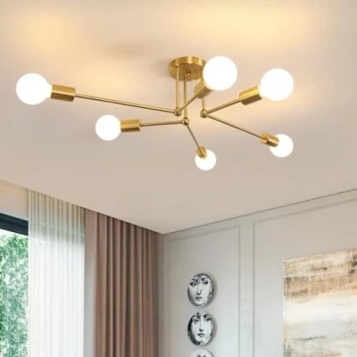 Imagen de Comely Lámpara de Araña Sputnik Moderno, 6 Luces E27 Techo Industriales Dorada, Plafon Vintage con Base para Sala Estar, Dormitorio, Comedor, Diámetro 70cm (sin Bombilla)