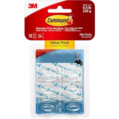 Imagen de Command Mini Ganchos Transparentes Pack Económico de 18 Pequeños y 24 Tiras Adhesivas Organizar Sin Dejar Marcas Taladrar
