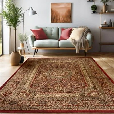 Imagen de SIMPEX Alfombras de Pelo Corto, diseño Oriental, Alfombra Rojo, 240 x 340 cm, Estilo Sala Estar