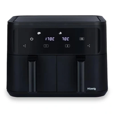 Imagen de H.Koenig Freidora de aire sin Aceite 2 Bacs XXL FRY900, Doble Capacidad 9L, Ajustable 80 200C, 5 Modos Cocción, Temporizador 60min, 8 Programas, Pantalla Táctil