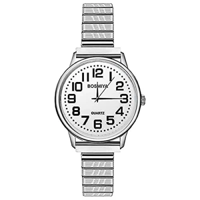 Imagen de JewelryWe Reloj Correa Elástica Mujer: Relojes Plata de Cuarzo Analógico Redondo para Señora Extensible Acero Inoxidable Esfera Numérica Grande Ocio Negocios Regalos