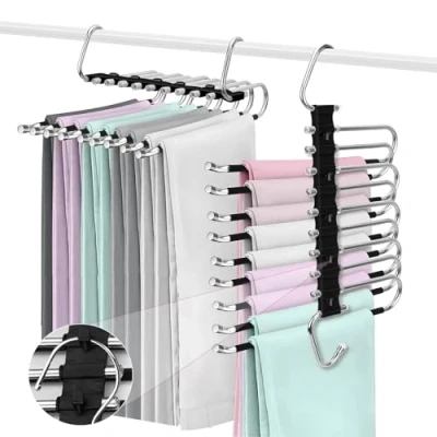 Imagen de ZPQAODI 9 En 1 Perchas,Perchas Pantalones,2 Pantalones Ahorra Espacio,Perchas Espacio, Percha De Acero Inoxidable Extensible para Vaqueros, Leggings (Negro)