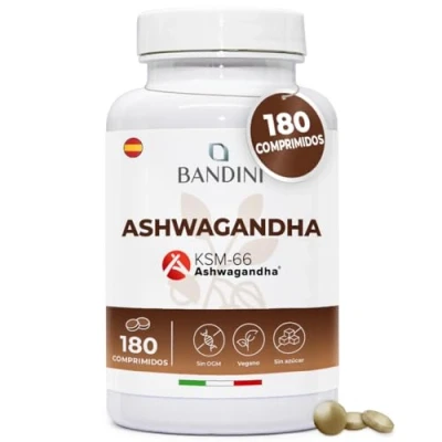 Imagen de Bandini® Ashwagandha KSM 66® Vegana (180 comprimidos) Suplemento natural en polvo de Withania Somnifera (ginseng indio) Remedio ayurvédico para el estrés