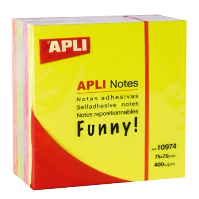 Imagen de APLI 10974 Notas adhesivas FUNNY 75 x mm cubo de 400 hojas 4 colores surtidos fluorescente