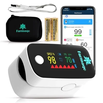 Imagen de Pulsioximetro con APLICACIÓN BLUETOOTH Oximetro dedo profesional PANTALLA OLED Sensor de ritmo cardíaco Pulsometro para niños y adultos