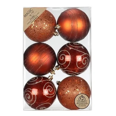 Imagen de Inge glas bolas de Navidad plástico, 8 cm, juego 6 unidades, irrompibles y con diseño purpurina, grandes para árbol Navidad, adornos cobre, almendra