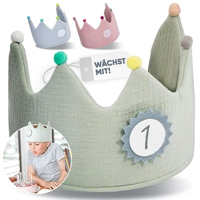 Imagen de NeLi corona de cumpleaños para niña y niño muselina, decorativa fiestas, sombrero tela, con números del 1 al 9, velcro, en tres colores (menta)