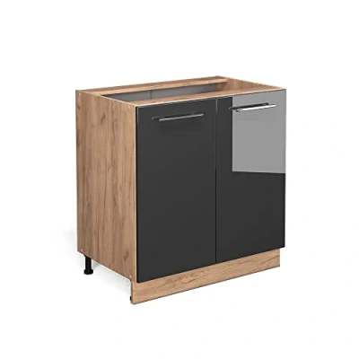 Imagen de Vicco Armario bajo para Fregadero Fame Line, Antracita Alto Brillo/Roble Dorado, 80 cm con Estante, sin encimera