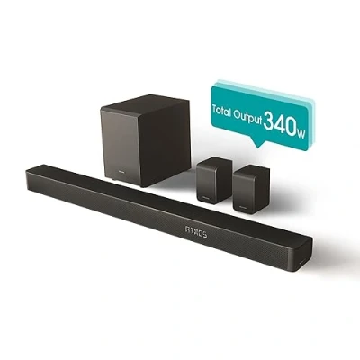 Imagen de Barra de sonido Hisense AX5100G, Subwoofer y Altavoces traseros inalámbricos, Bluetooth, 340W, 7 altavoces, Dolby Atmos, DTS:X, Conexión múltiple