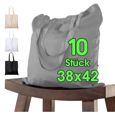 Imagen de ELES VIDA Lot de 10 Sacs en Coton non imprimés 38 x 42 cm, Sac à bandoulière, toile, ÖKO TEX® toile carreaux provisions (Gris)