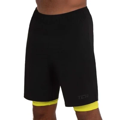 Imagen de TCA Pantalon Corto Hombre Deporte con Bolsillos y Mallas Pantalones Cortos para Running Gym Padel 2 en 1 Cortas Cremallera Negro/Verde, XXL