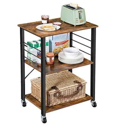 Imagen de VASAGLE Estantería de Cocina con Ruedas, Carrito Servicio 3 Niveles, para Microondas, Horno, Tostadora, Marco Metal 6 Ganchos, Marrón Rústico y Negro KKS60XV1