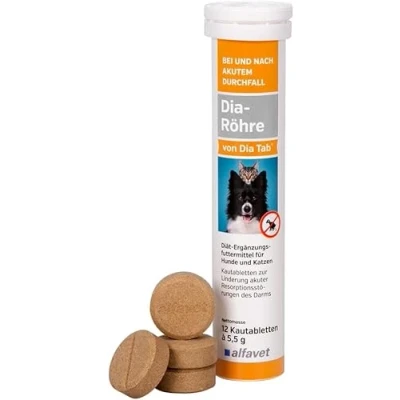 Imagen de alfavet Tubo de diapositivas Dia Tab 12 x 5,5 g Complemento alimenticio para perros y gatos la diarrea Puede ayudar a reducir Ideal viajes