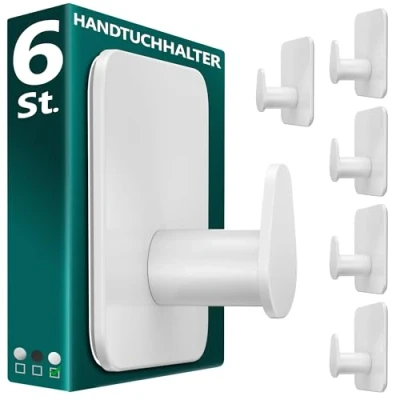 Imagen de Menz Toallero de baño sin taladrar, 6 unidades, color blanco, resistente, gancho adhesivo ovalado, ganchos adhesivos para baño, autoadhesivos, ideales como funcionales