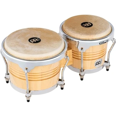 Imagen de Meinl Percussion Bongos Wood Chrome 2 tambores de mano con 6.75 y 8 pulgadas incluyendo llave afinación roble siam, alto brillo natural (WB200NT CH)
