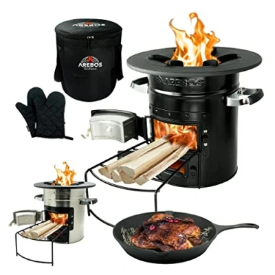 Imagen de Arebos horno de cohetes con sartén hierro fundido, bolsa transporte, holandés para barbacoa, cohete leña, camping