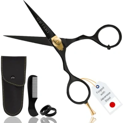 Imagen de tijeras para barba de acero japonés profesional ONTAKI, peluquero forjadas a mano mayor comodidad, corte precisión barba, bigote, flequillo, mascotas, y negro, 5,5&quot;