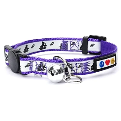 Imagen de Pawtitas Collar para Gato Ajustable Reflectante Hebilla De Seguridad con Campana Desmontable Brilla en la Oscuridad Purpura