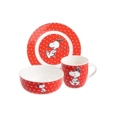 Imagen de The Peanuts Snoopy Set de desayuno (3 piezas, plato, cuenco y taza), diseño lunares, color rojo