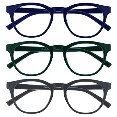 Imagen de OPULIZE Blu Gafas con Bloqueo de Luz Azul Pack 3 Montura Redonda Verde Gris Bisagras Muelle Mejoran el Sueño Ordenador Gaming Antirreflejante Hombre Mujer BBB5 367 +0.00
