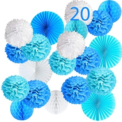 Imagen de 20 Pompones Azul Decoracion Bautizo Niño, Flores Pompom de Papel Seda, Abanicos, Bolas Nido Abeja Guirnaldas. Decoración Fiesta Bienvenida Bebe, Cumpleaños Piezas