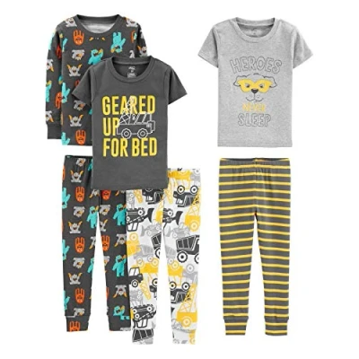 Imagen de Simple Joys by Carter&#039;s 6 Piece Snug Fit Cotton Pajama Set Juego de Pijama, Blanco Camiones/Gris Héroes/Gris Oscuro Monstruo/Rayas, 3 años (Pack 3) para Bebés