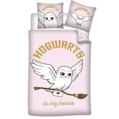 Imagen de Parure de lit réversible Harry Potter Hedwige la Chouette Hogwarts is my home Rose 140 cm x 200