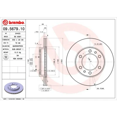 Imagen de BREMBO 09.5679.10 Disco de freno 302 20 6 ventilación interna TOYOTA: Land Cruiser Prado 70 SUV, 60