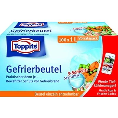 Imagen de Toppits Bolsas para congelador, 1 litro, 100 unidades, con soporte, transparentes
