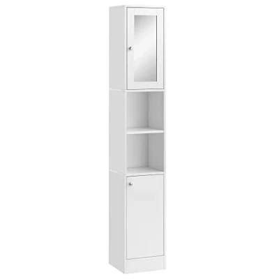 Imagen de kleankin Armario Alto para Baño con Espejo Mueble Columna de Madera 2 Estantes Abiertos Puertas y Baldas Interiores Ajustables 30x28x180 cm Blanco